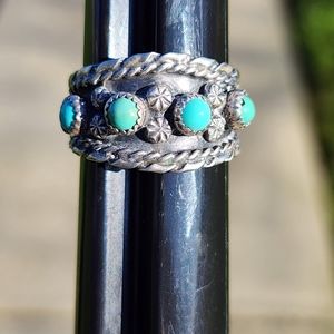 Native Americans sterling silver turquoise ring artist signed FJ size 9.5 unisex